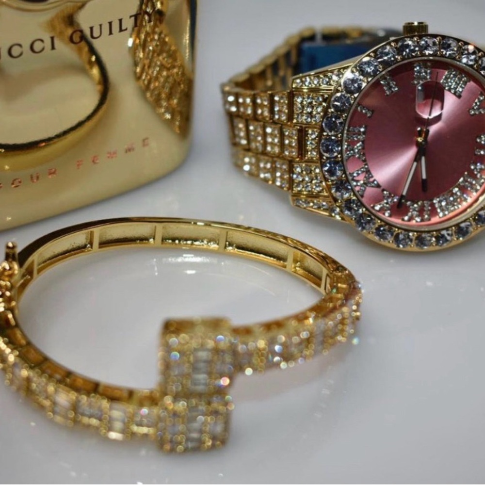 Gold and Pink Women's Watch and Bracelet Set size 7